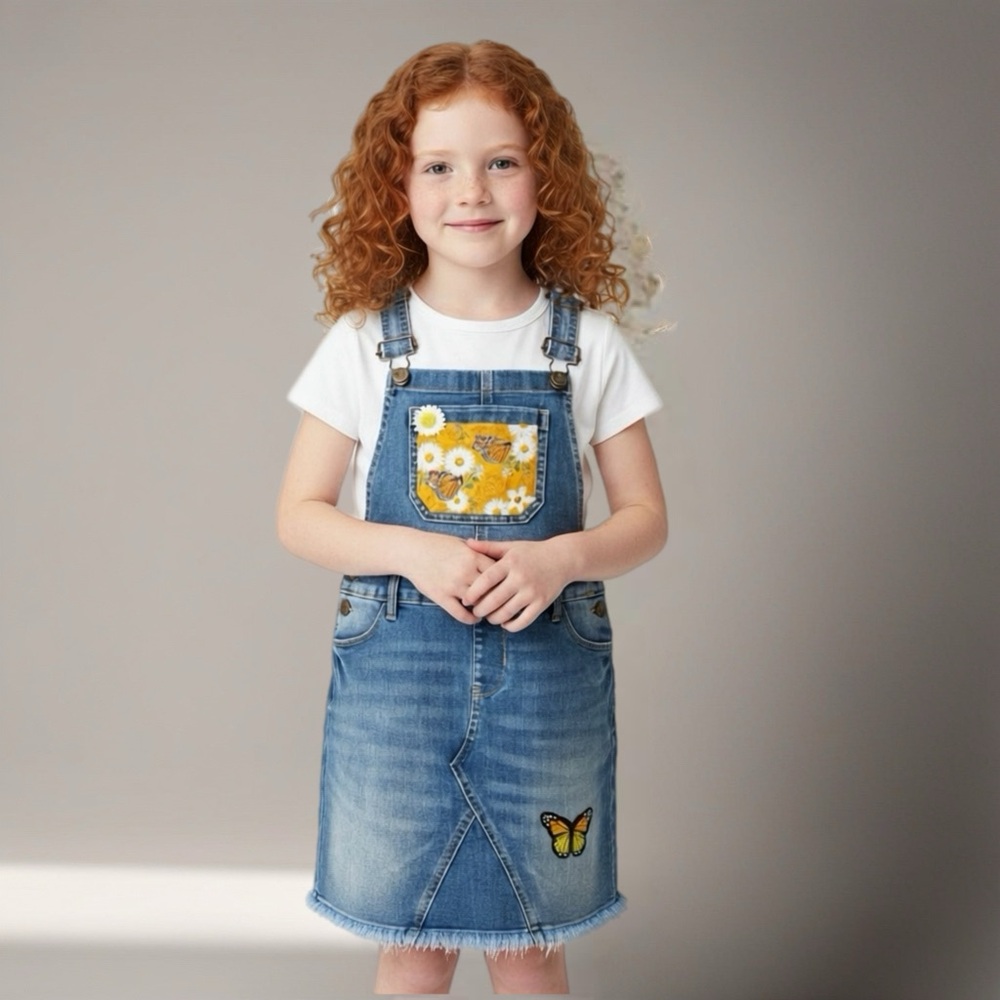 Custom Overall Jumper Denim Skirt Butterfly & Daisy Embroidery Adjustable